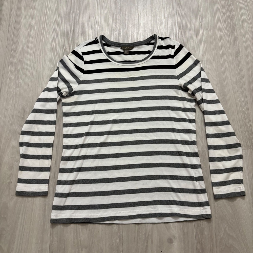 Tommy Bahama Sweater Women Striped Long Sleeve Crew Neck Tee Black Grey White XL